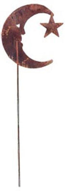 Village Wrought Iron Rusted Moon & Star Garden Stake 35 Inches