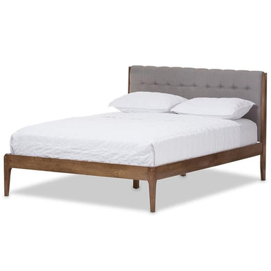 Baxton Studio Clifford Mid-Century Light Grey Fabric and Medium Brown Finish Wood Queen Size Platform Bed