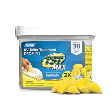 Camco TST MAX Camper / RV Toilet Treatment Drop-INs - Control Unwanted Odors & Break Down Waste and Tissue - Safe Septic Tank Treatment - Lemon Scent, 30-Pack (41577)