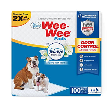 Four Paws Wee-Wee Odor Control with Febreze Freshness Pee Pads for Dogs of All Sizes, Leak-Proof Floor Protection Dog & Puppy Quilted Potty Training Pads, Spring Fresh Scent, 22