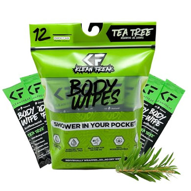 KLEAN FREAK Body 12-Count Wipes - Original Disposable Wipes, Individually Wrapped for the Gym, Workout, Hiking, Travel, and Sport (Tea-Tree)