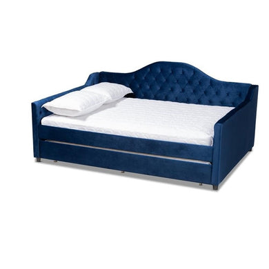 Baxton Studio Perry Modern and Contemporary Navy Blue Velvet Fabric Upholstered and Button Tufted Full Size Daybed with Trundle