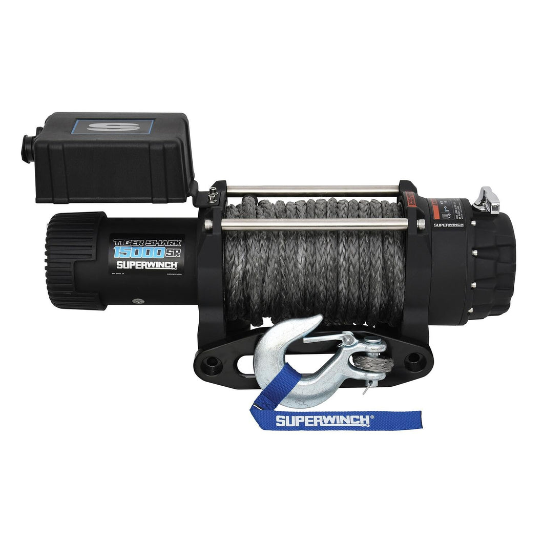 Superwinch 1515001 Tiger Shark 15000SR 12V DC Winch 15,000lb/6804kg Single Line Pull with Hawse Fairlead, 15/32