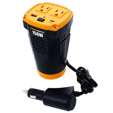 PowerDrive PWD150C 150W Power Inverter for Cup Holders 12v DC to 110v AC with 2 Outlets and 2 Ports