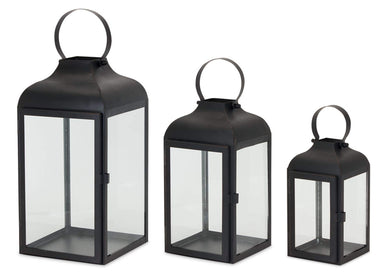 Melrose 81585 Iron and Glass Outdoor Hanging Lantern Set of 3, Black and Clear