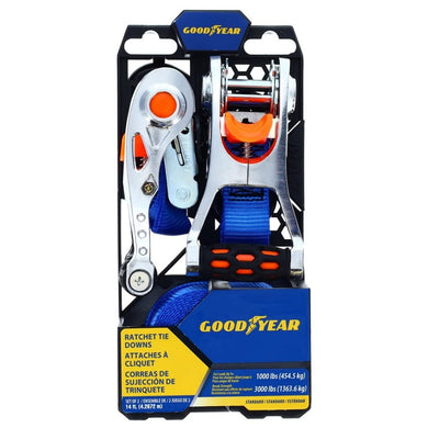 Goodyear 14FT 1000-Pound Work Load Ratchet Tie Downs GY5002 with S Hooks Pair of Ratchet Straps - Blue