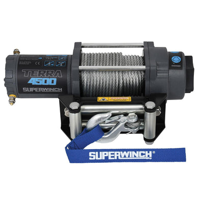 Superwinch 1145260 Terra 4500 Powersports Winch 12V DC 4500lb/2041.2kg Single Line Pull UTV/ATV with Roller Fairlead, 15/64in. X 50ft. Steel Wire Rope, Handheld Remote, Handlebar Switch