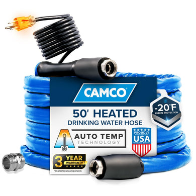 Camco 50' Heated Water Hose for RV — Prevents Freezing Down to -20° — Certified For Drinking Water & Lead-Free — Great for Campers, Livestock, Agriculture, Kennels, etc. — 5/8