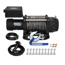 Load image into Gallery viewer, Superwinch 1515001 Tiger Shark 15000SR 12V DC Winch 15,000lb/6804kg Single Line Pull with Hawse Fairlead, 15/32&quot; x 78&#39; Synthetic Rope, Corded Handheld Remote
