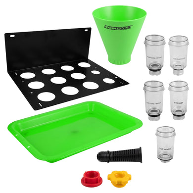 OEMTOOLS 87039 Spill Free Funnel Set, Universal Coolant Funnel Kit, Clear No Spill Funnel Chamber, 8 Attachments Included