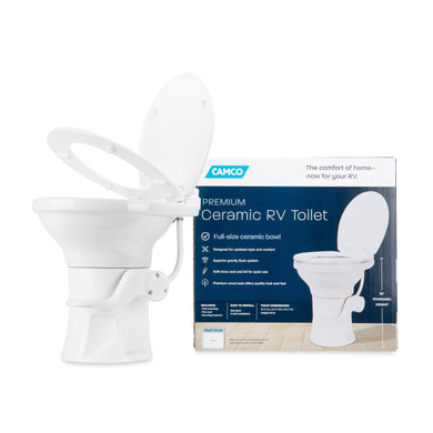 Camco Premium Ceramic Camper/RV Toilet - Features Gravity Flush System w/Convenient Foot Pedal - Full-Sized Ergonomic Design w/18