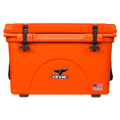 ORCA 40-Quart Insulated Hard Cooler with Flexible Grip Handles, Padlock Ready, Keeps Ice Cold for Days, Rugged, Sturdy for Beach, Camping, Travel, Road Trip, Hunting - Blaze Orange Without Basket