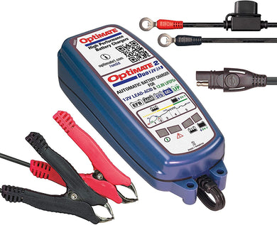 Tecmate Optimate 2 Duo, TM-551, Bronze Series: 5-Step 12V / 12.8V 2A Sealed Battery Charger & maintainer, Blue