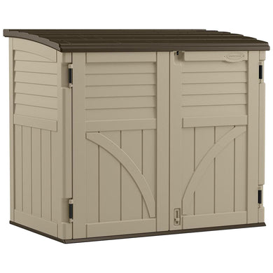 Suncast 34 Cubic Feet Durable All Weather Lockable Horizontal Plastic Compact Storage Shed for Garden, Backyard, Patio, and Pool Supplies, Sand