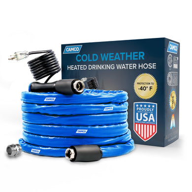 Camco 50-Ft Heated Water Hose for RV | Water Line Freeze Protection Down to -40°F/C | Features Energy-Saving Thermostat & Includes Adapter for Connection to Either End of Hose (22924)