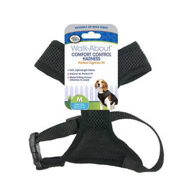 Four Paws Walk-About Comfort Control Tug Free Dog Harness, Adjustable Soft Padded Beathable Air Mesh Dog Vest, Black, Medium