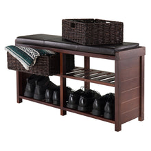 Load image into Gallery viewer, Colin Storage Bench with Seat Cushion and 2 Foldable Corn Husk Baskets, Cappuccino, Espresso and Chocolate
