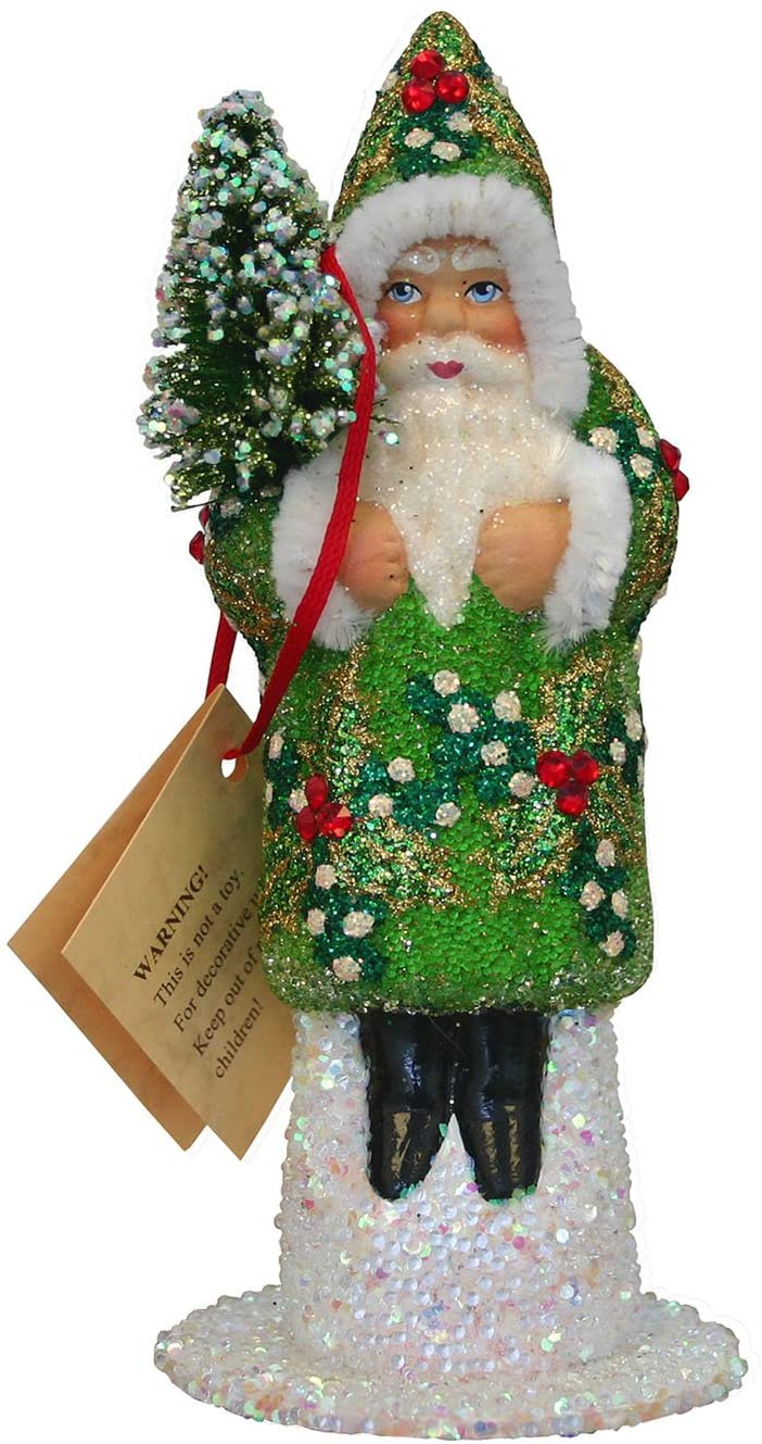 Alexander Taron Schaller Paper Mache Green Beaded Santa Candy Container - 6.25