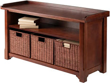 Load image into Gallery viewer, Winsome Wood MilanWood Storage Bench in Antique Walnut Finish with Storage Shelf and 3 Rattan Baskets in Antique Walnut Finish
