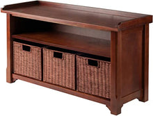 Load image into Gallery viewer, Winsome Wood MilanWood Storage Bench in Antique Walnut Finish with Storage Shelf and 3 Rattan Baskets in Antique Walnut Finish
