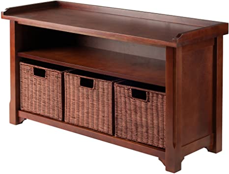 Winsome Wood MilanWood Storage Bench in Antique Walnut Finish with Storage Shelf and 3 Rattan Baskets in Antique Walnut Finish