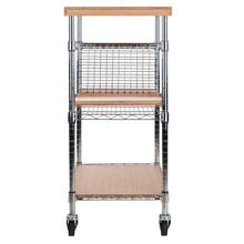 Load image into Gallery viewer, Madera Utility Kitchen Cart, Bamboo and ChromeAdjustable heights on shelves, caddy, and handle
