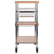 Load image into Gallery viewer, Madera Utility Kitchen Cart, Bamboo and ChromeAdjustable heights on shelves, caddy, and handle
