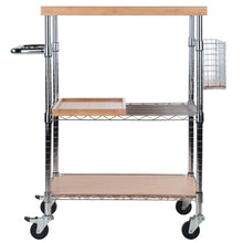 Load image into Gallery viewer, Madera Utility Kitchen Cart, Bamboo and ChromeAdjustable heights on shelves, caddy, and handle
