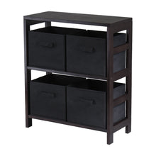 Load image into Gallery viewer, Capri 5-Pc Storage Shelf with 4 Foldable Fabric Baskets, Espresso and BlackOpen designed 2-section shelf assembled size is 25.2&quot;W x 11.2&quot;D x  9.2&quot;H. Shelf clearance is 12&quot;.
