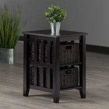 Load image into Gallery viewer, Morris Accent Table with 2 Foldable Corn Husk Baskets, Espresso and ChocolateAccent side table is 20&quot;W x 16.5&quot;D x 25&quot;H.  Open shelf is 11.8&quot;W x 18.5&quot;D x 8.6&quot;H.
