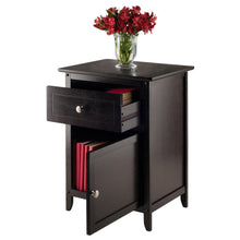 Load image into Gallery viewer, Eugene Accent Table, Nightstand, EspressoAssembled table stands at 18.90&quot;W x 14.96&quot;D x 25&quot;H.  Inside Drawer is 14.50&quot;W x 12.50&quot;D x 5.65&quot;H.
