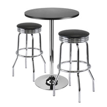 Load image into Gallery viewer, Summit 3-Pc Pub Table with Swivel Seat Bar Stools, Black and ChromeWood Veneer Top, MDF,  round table top has surface of 23.62&quot; diameter and stands at 40.16&quot; High.
