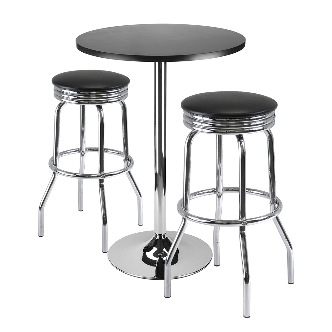 Summit 3-Pc Pub Table with Swivel Seat Bar Stools, Black and ChromeWood Veneer Top, MDF,  round table top has surface of 23.62