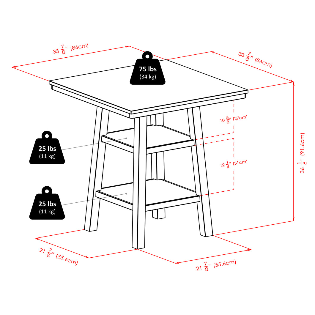 Orlando High Table with Shelves, WalnutThe overall size of the table is 33.8