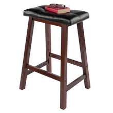 Load image into Gallery viewer, Mona Cushion Saddle Seat Counter Stool, Black and WalnutStool assembled size is 17.48&quot;W x 14.47&quot;D x 24.84&quot;H
