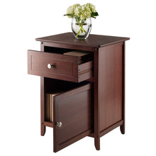 Load image into Gallery viewer, Eugene Accent Table, Nightstand, WalnutAssembled table stands at 18.90&quot;W x 14.96&quot;D x 25&quot;H.  Inside Drawer is 14.50&quot;W x 12.50&quot;D x 5.65&quot;H.
