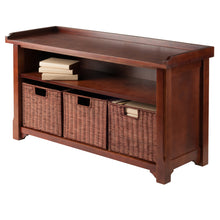 Load image into Gallery viewer, Milan 4-Pc Storage Bench with 3 Wicker Baskets, Walnut Overall bench size is 40&quot;W x 14.20&quot;D x 22&quot;H.  Seat area is 38.43&quot;W x 13.39&quot;D.  Seat Height 20.87&quot;.
