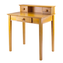 Load image into Gallery viewer, Studio Home Office Desk and Hutch, Honey PineOverall Writing Desk size is 30&quot;W x 20.19&quot;D x 29&quot; Table to 34.65&quot; Hutch.  Hutch has 2 small drawers.
