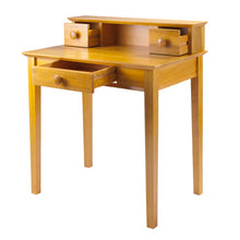 Load image into Gallery viewer, Studio Home Office Desk and Hutch, Honey PineOverall Writing Desk size is 30&quot;W x 20.19&quot;D x 29&quot; Table to 34.65&quot; Hutch.  Hutch has 2 small drawers.
