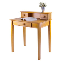 Load image into Gallery viewer, Studio Home Office Desk and Hutch, Honey PineOverall Writing Desk size is 30&quot;W x 20.19&quot;D x 29&quot; Table to 34.65&quot; Hutch.  Hutch has 2 small drawers.
