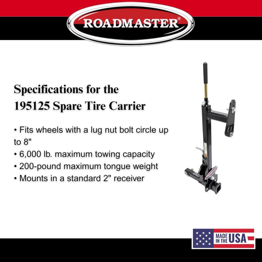 Roadmaster 195125 Spare Tire Carrier with 2" Drop fits Truck/Van/SUV 2" Receiver | Fits Wheels with a Lug Nut Bolt Circle Up to 8" | 6,000 lbs Maximum Capacity - Image 4