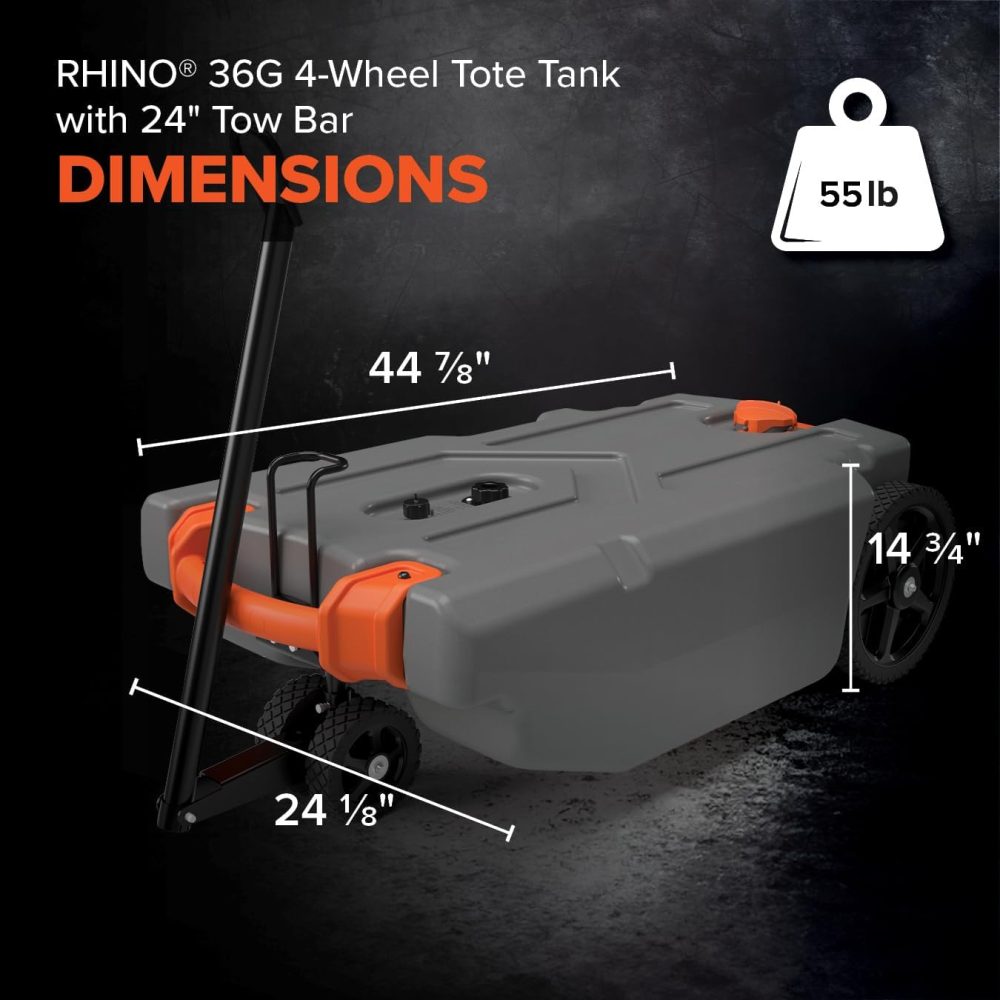Camco Rhino 36-Gallon Portable RV Tote Tank - Features 2 Steerable No-Flat Front Wheels & Built-in Gate Valve - Includes Removable 24" Tow Bar, 3’ Sewer Hose & More RV Accessories - Image 4