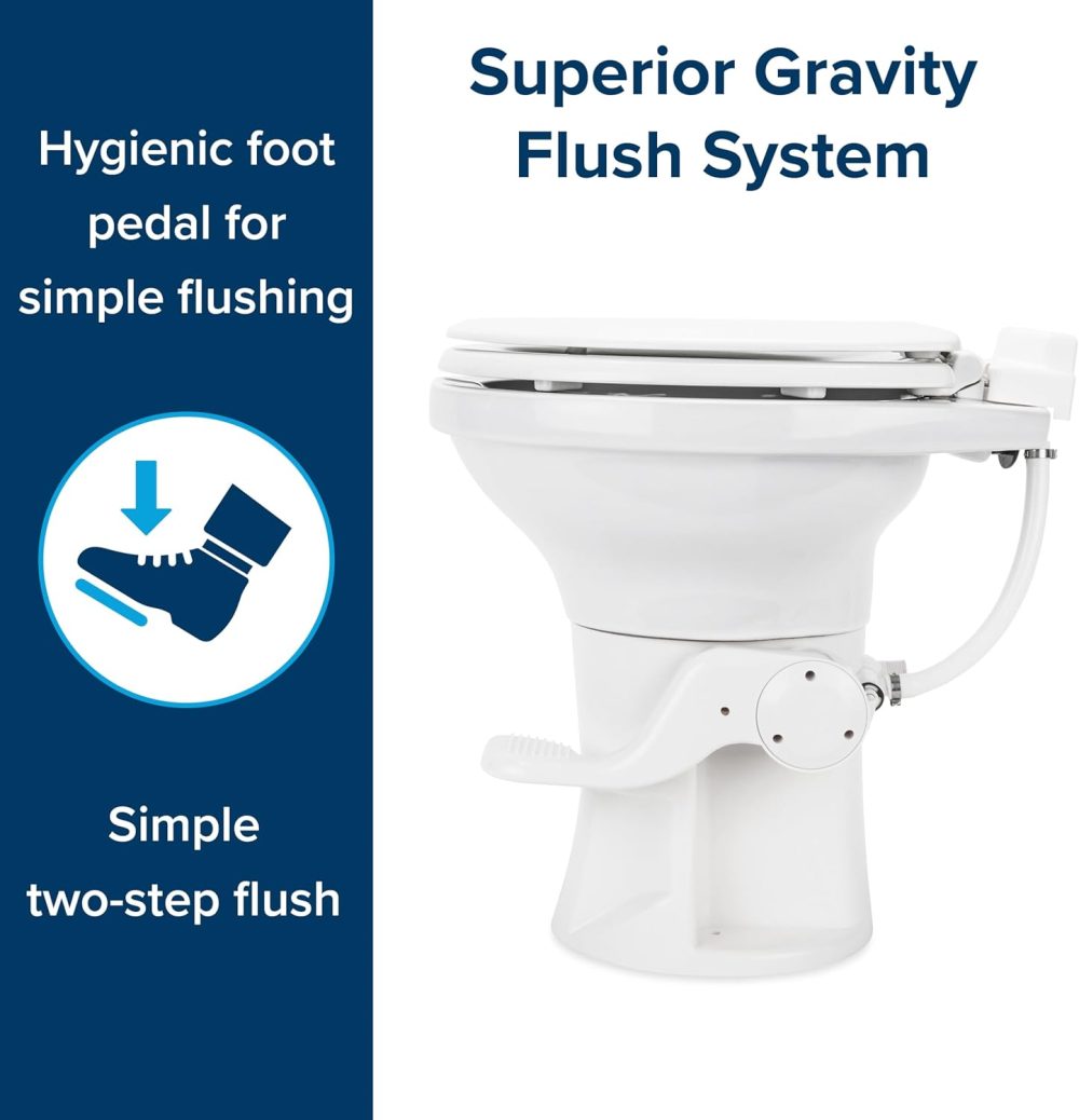 Camco Premium Ceramic Camper/RV Toilet - Features Gravity Flush System w/Convenient Foot Pedal - Full-Sized Ergonomic Design w/18" Chair Height - Soft-Close Wood Seat & Lid - White - Image 6