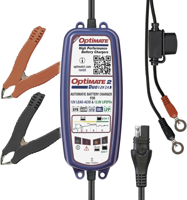 TecMate Optimate 2 Duo, TM-551, Bronze Series: 5-Step 12V / 12.8V 2A Sealed Battery Charger & maintainer, Blue