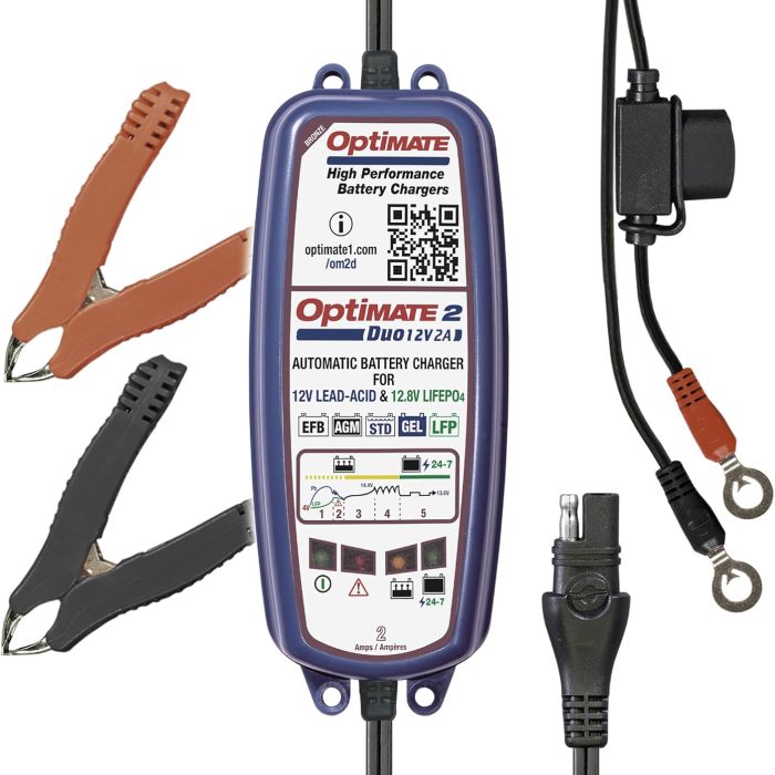 TecMate Optimate 2 Duo, TM-551, Bronze Series: 5-Step 12V / 12.8V 2A Sealed Battery Charger & maintainer, Blue