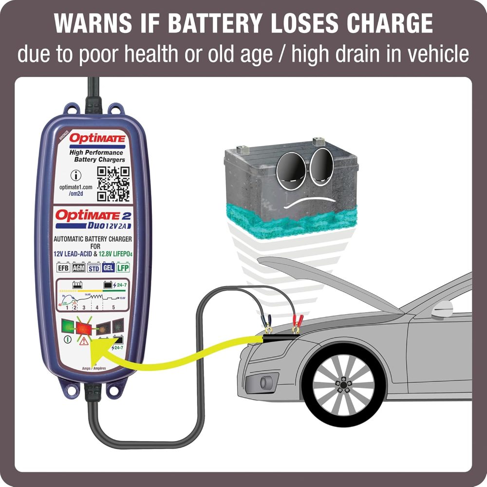 TecMate Optimate 2 Duo, TM-551, Bronze Series: 5-Step 12V / 12.8V 2A Sealed Battery Charger & maintainer, Blue - Image 5