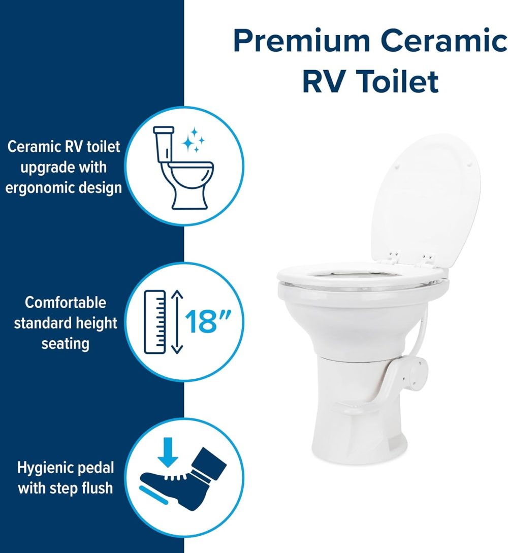 Camco Premium Ceramic Camper/RV Toilet - Features Gravity Flush System w/Convenient Foot Pedal - Full-Sized Ergonomic Design w/18" Chair Height - Soft-Close Wood Seat & Lid - White - Image 7