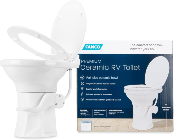 Camco Premium Ceramic Camper/RV Toilet - Features Gravity Flush System w/Convenient Foot Pedal - Full-Sized Ergonomic Design w/18" Chair Height - Soft-Close Wood Seat & Lid - White