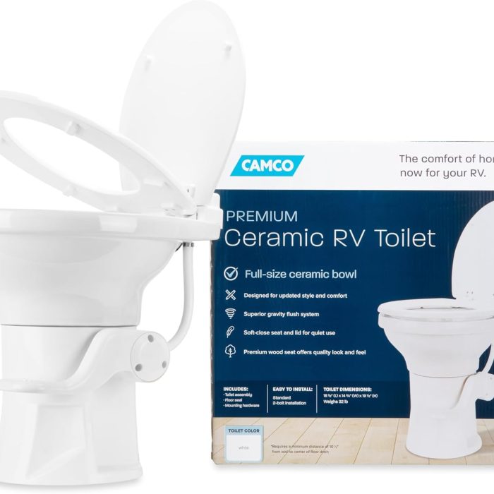 Camco Premium Ceramic Camper/RV Toilet - Features Gravity Flush System w/Convenient Foot Pedal - Full-Sized Ergonomic Design w/18" Chair Height - Soft-Close Wood Seat & Lid - White