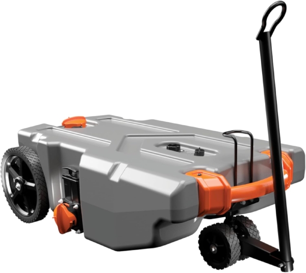 Camco Rhino 36-Gallon Portable RV Tote Tank - Features 2 Steerable No-Flat Front Wheels & Built-in Gate Valve - Includes Removable 24" Tow Bar, 3’ Sewer Hose & More RV Accessories